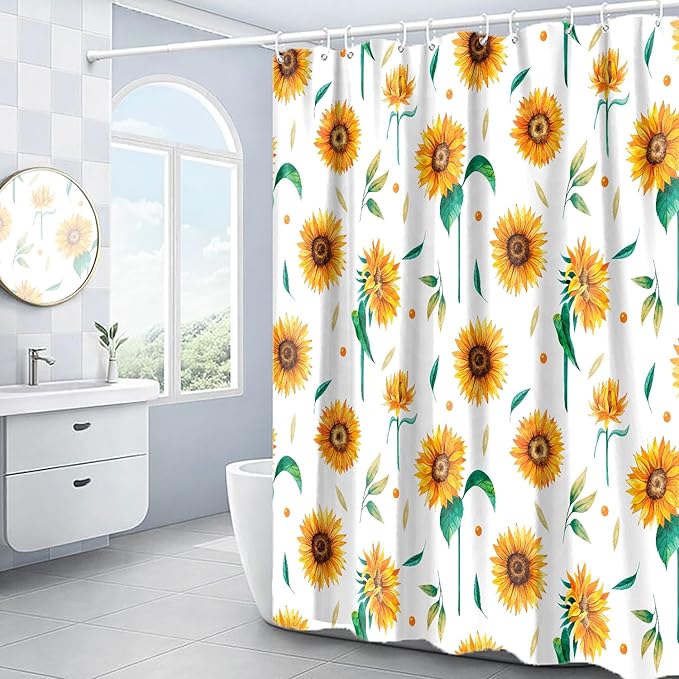 Domoku Sunflower Star Yellow Shower Curtain with Hooks,Summer Waterproof Floral Fabric Bathroom Curtain Set for Autumn Rustic Botanical Flower Bathroom Decorative Watercolor Sunflower, 72"x72"