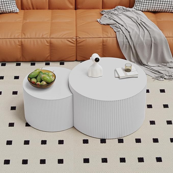 Round Coffee Table Set of 2 Modern Nesting Coffee Tables Wooden Drum Coffee Tables with Non-Slip Feet, Circle Nesting Tables End Table for Living Room Office, No Assembly (Cream 18.9"+14.96")