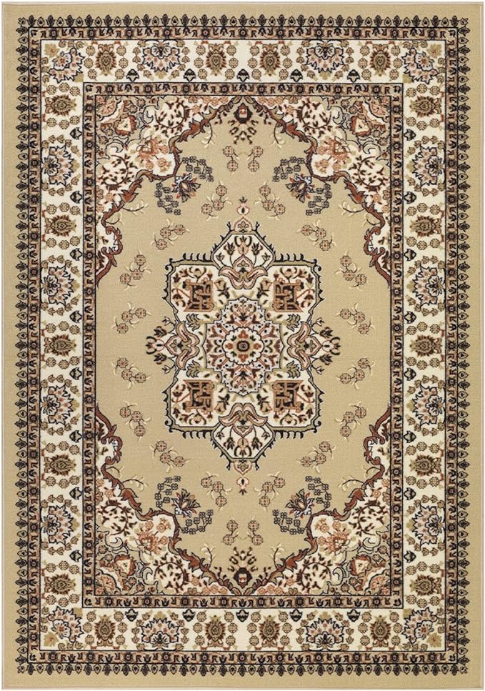 Antep Rugs Alfombras Oriental Traditional 4x6 Non-Skid (Non-Slip) Low Profile Pile Rubber Backing Indoor Area Rugs (Beige, 4' x 5'8")