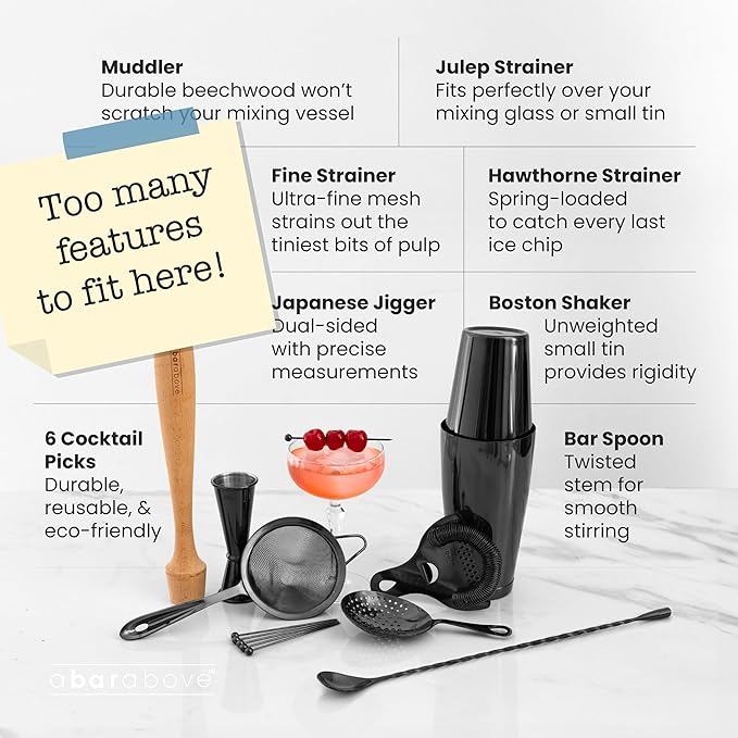 A Bar Above 14-Piece Gold Bartender Kit, Premium Gold-Plated Stainless Steel Barware Gift Set for Home and Professional Use, Includes Cocktail Shaker, Jigger, Strainers, Muddler, Picks, Spoon