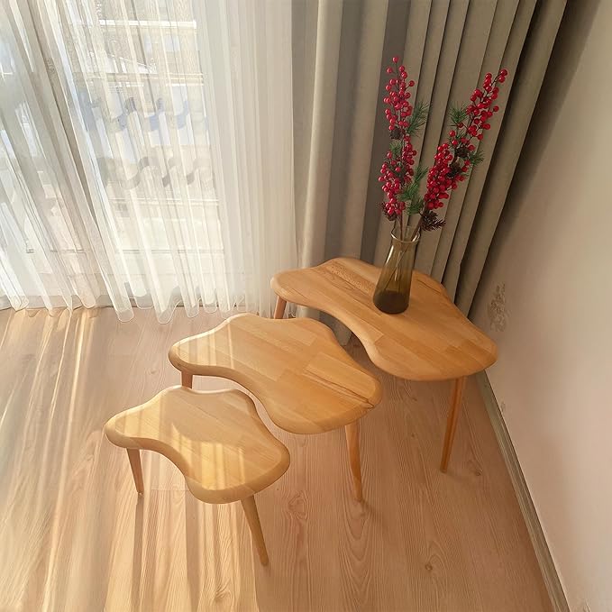 Nesting Coffee Tables, End Tables Set of 3 for Living Room Bedroom, Solid Wood Small Side Tables for Couch, Rustic Mid Century Modern Wooden Asymmetrical Table with Tapered Legs