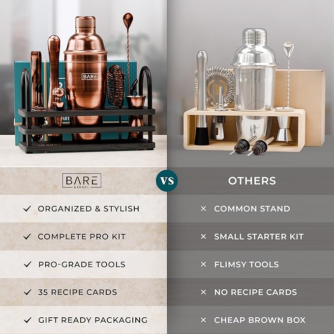 BARE BARREL® Mixology Bartender Kit Bar Set | 14-Piece Cocktail Shaker Set | Martini Barware Mixing Tools for Home Bartending | 35 Recipe Cards | Gift Set (24oz Cobbler Shaker, Copper/Black)
