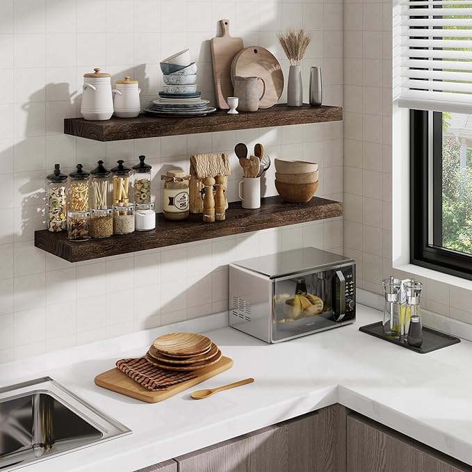 Floating Shelves, 8" Deep Rustic Solid Elm Wood Wall Mounted Floating Shelves, Wall Shelves with Invisible Bracket for Living Room Bathroom Bedroom Kitchen, 36 Inch Set of 2, Walnut