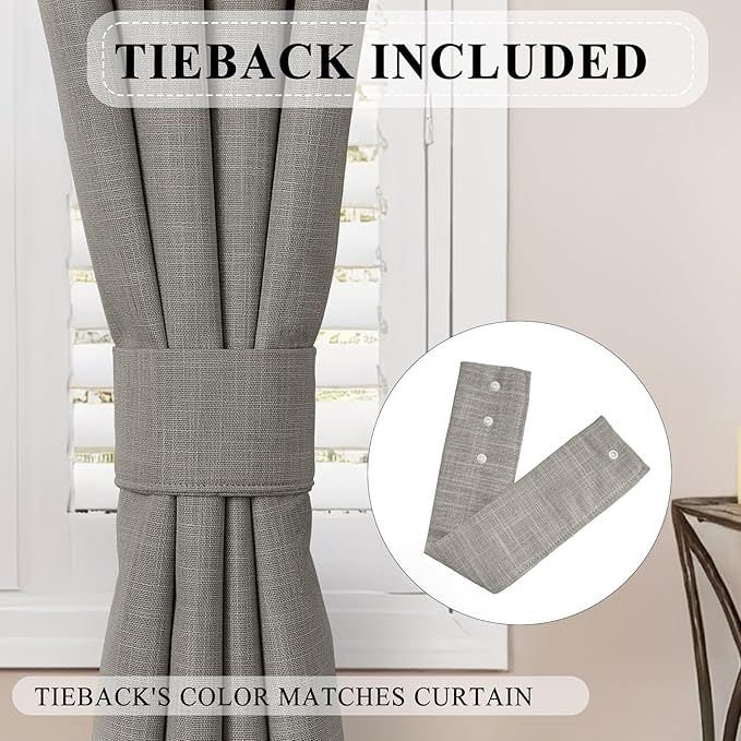 Macochico 100% Blackout Curtains 96 Inches Long Pinch Pleated Linen Curtains for Bedroom Living Room Farmhosue Nursery Thermal Blackout Window Treatments with Tieback Smoke Grey 52" Wx96 L 1 Panel