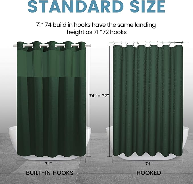 Dark Green Shower Curtain and Liner Set - 230GSM Waffle Weave Textured Heavy Duty,Hotel Luxury Weighted Bath Curtain,71W x 74H