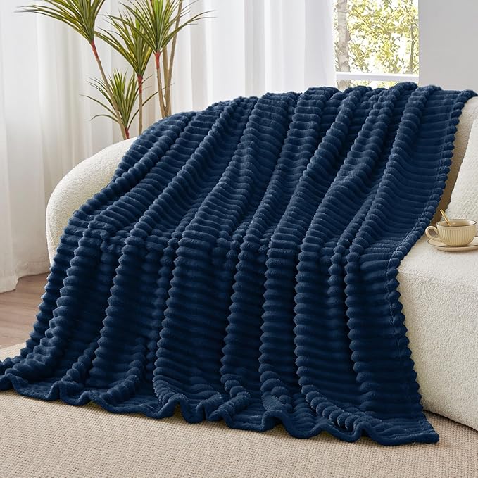BEDELITE Fleece Throw Blanket for Couch - 300GSM Soft & Warm Fluffy Navy Blanket, Decorative and Giftable Striped Blankets for Women, Men, 50"x60"