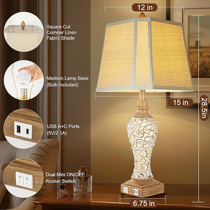 28.5" Rustic Table Lamp Set of 2 For Living Room Farmhouse Lamps for Bedroom, Bedside Lamps with Night Lights And USB C+A Charging Ports for Decor Office Study Hotel (Bulbs Included)