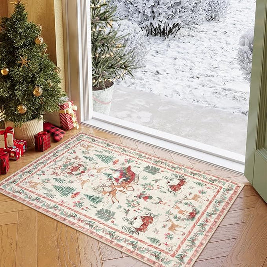 Lahome Indoor Christmas Rug 2x3 Small Kitchen Bathroom Rugs for Entryway,Washable Soft Non-Slip Christmas Tree Santa Claus Area Rug,Door Mat for Winter Living Room Bedroom Holiday Decor(2x3,Beige)