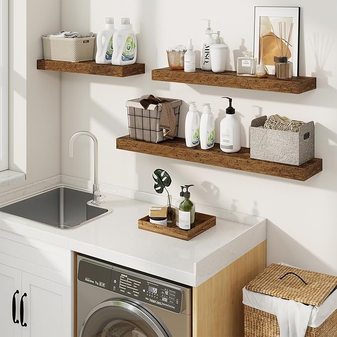 fuqing Floating Shelves for Wall, Bathroom Shelf Wall Mounted for Storage, Shelves with Invisible Bracket for Bedroom, Kitchen, Living Room, Farmhouse Small Book Shelf, 36 Inch Set of 2, Rustic Brown