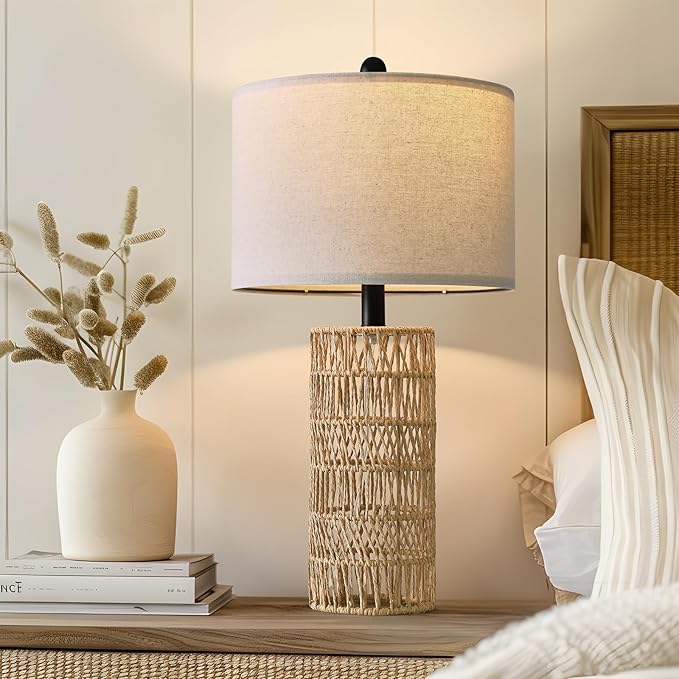 OYEARS 22.5" Boho Table Lamps Set of 2 for Living Room, Bedside Lamp for Nightstands, Rattan Lamp for Bedroom, Farmhouse Table Lamp for Room Decor, End Table, Retro, Brown（Not Include Bulbs）