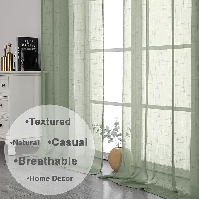 Aiyufeng Kirei Sage Green Linen Sheer Curtains 84 Inch Length 2Panels Set, Flax Textured Semi Sheer Vertical Drapes Privacy with Light Filter for Home Office/Farm House, W40 x L84, Sage Green, 1 Pair