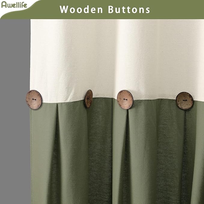 Awellife Farmhouse Cream Shower Curtain Button Linen Textured Woven Fabric,Country Style (Cream & Green, 72" W x 72" L)