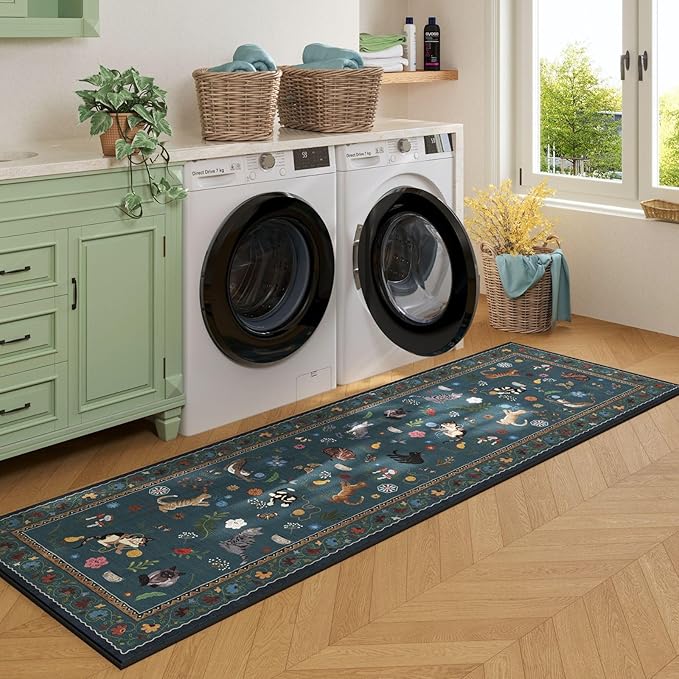 Rugcomf Runner Rug for Kitchen Non Slip 2'6''x8' Washable Rugs with Rubber Backing Soft Floral Animal Cat Carpet Runner for Kitchen Laundry Bedroom Bathroom, Pearl Gentian Blue