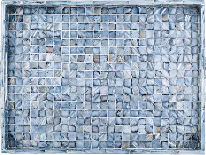 PEMAR Rectangular Mother of Pearl Serving Tray Nacre Wood Lap Ottoman Tray for Coffee Table, Luxury Decorative Handmade Eating Platters w Insert Handles (Blue)