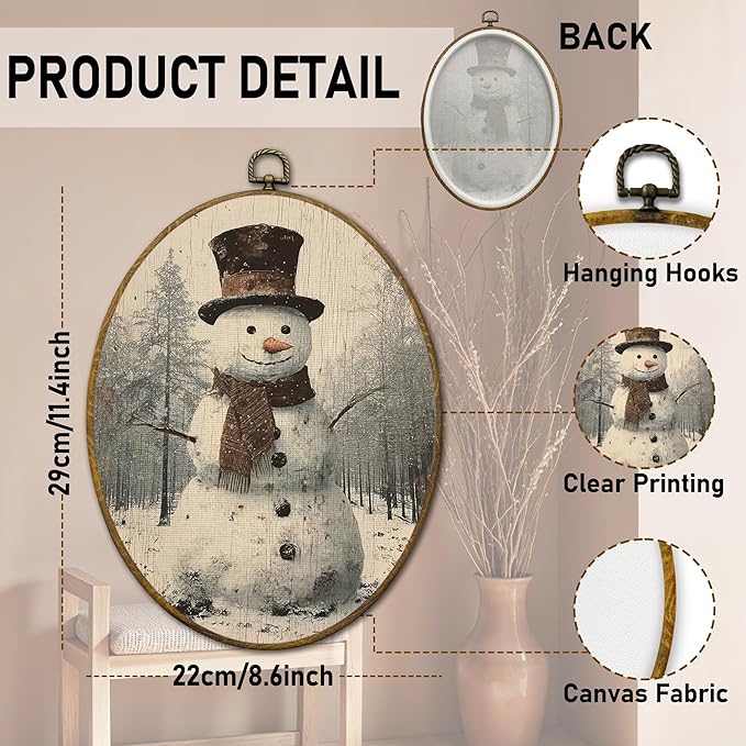 QZQE Vintage Christmas Snowman Oval Wall Art Decor Framed, Winter Christmas Oval Canvas Prints, Rustic Farmhouse Winter Xmas Snowman Wall Hanging Decor for Home Bedroom Living Room, 8.6x11.4 Inch