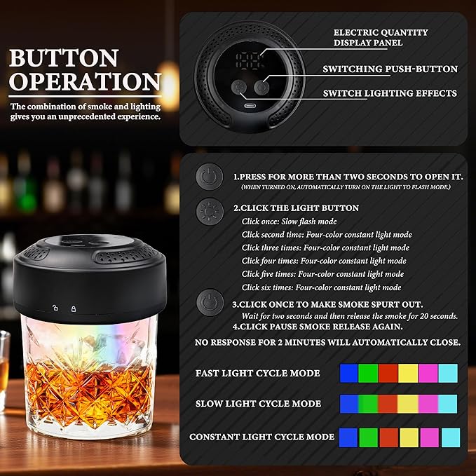 Rechargeable Cocktail Smoker Kit with Wood Chips, Electric Whiskey Smoker with Built-in Lighter, Old Fashioned Drink Smoker (Electric + Lighting Feature)