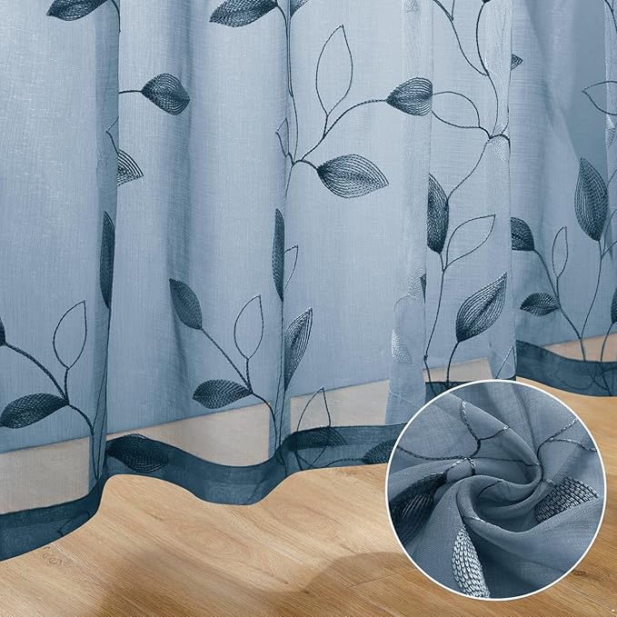 HOMEIDEAS Stone Blue Floral Sheer Curtains 84 Inches Long 2 Panels Embroidered Pattern Semi Sheer Window Curtains for Bedroom Living Room