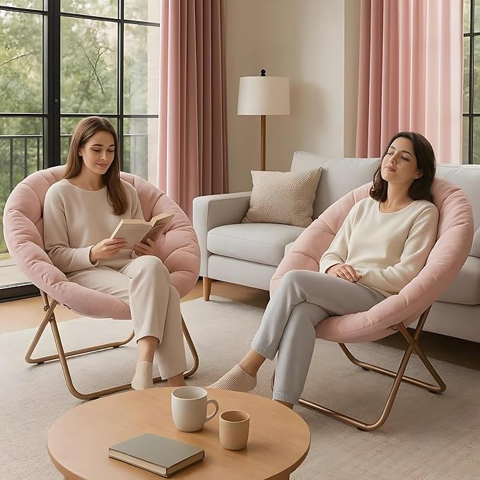 Magshion Saucer Chair for Adults, Comfy Living Room Lounge Chair for Bedroom Corner, Dorm, Apartment, Faux Fur Fluffy Circle Accent Seat with Thick Padded & Folding Metal Frame (Pink, Set of 2)