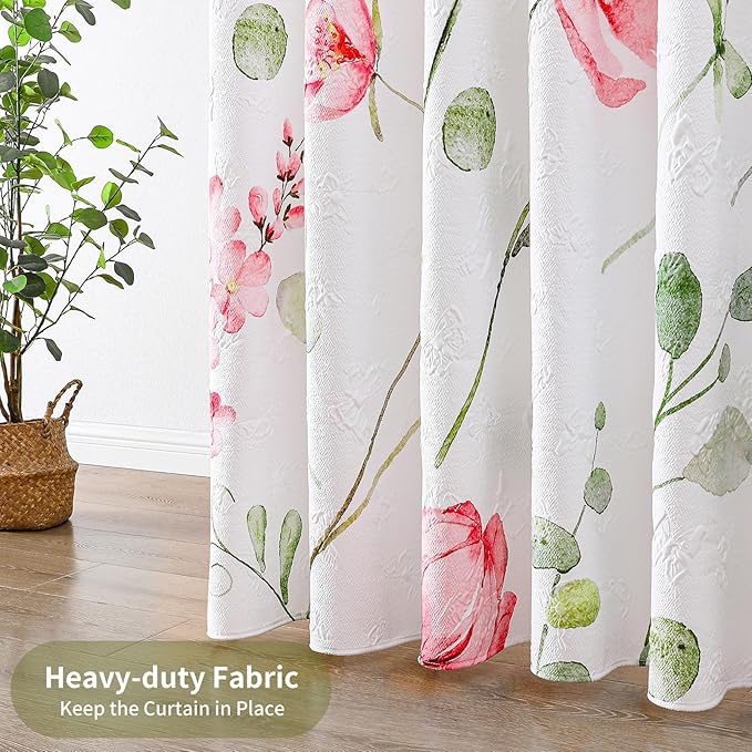 QiyI Watercolor Floral Shower Curtain, 3D Embossed Butterflies Pink Flower Bathroom Curtains, Minimalist Farmhouse Bath Curtain, Waterproof Fabric Green Leaves Shower Curtain Set with Hooks, 72x72