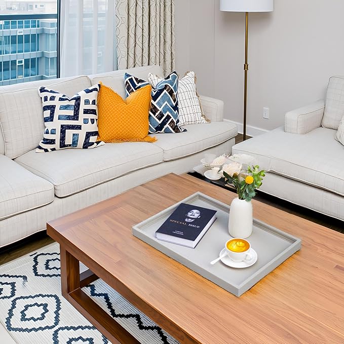 20x14 Inch Rectangular Ottoman Tray | Textured PU Leather, Waterproof & Heat-Resistant Storage for Coffee/Dining Tables, Sofa, Bed, Entertainment & Party (Tranquil Beige, 20 * 14in)