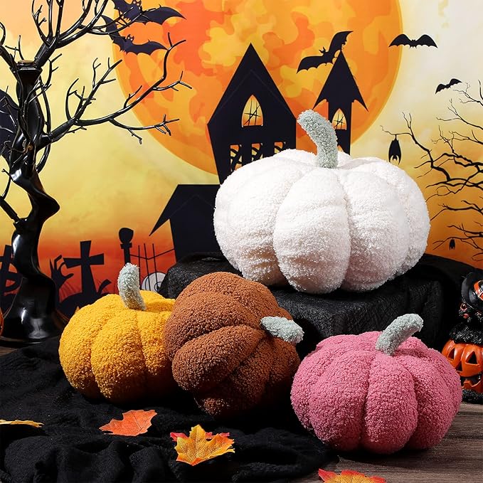 Kajaia 4 Pcs Fall Decor Pumpkin Throw Pillow Fall Pillow 11 Inches 7 Inches 3D Cushion Thanksgiving Sherpa Plush Fluffy Stuffed for Autumn Halloween Christmas Home Sofa(White, Yellow, Red, Brown)