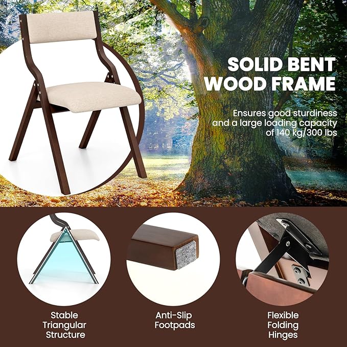 Giantex Folding Dining Chairs Set of 2, No Assembly Required with Linen Padded Seats, Wooden Foldable Kitchen & Party Chairs, Easy to Store for Extra Events