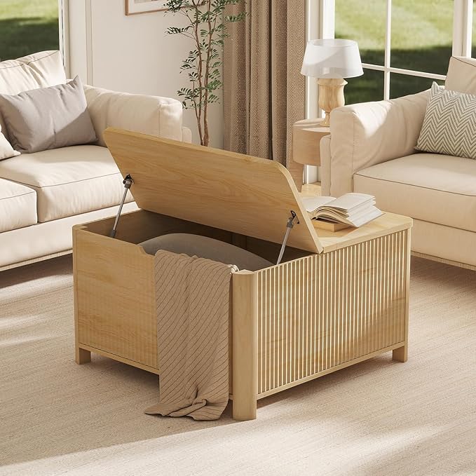 LYNCOHOME Fluted Lift Top Coffee Table with Storage, Square Coffee Tables for Living Room, Coffee Table with Large Hidden Storage Compartment and Adjustable Shelves，Natural