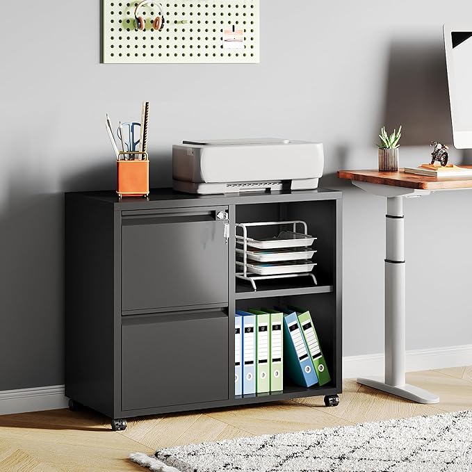 DEVAISE Metal Lateral File Cabinet with Lock, 2 Drawer Mobile Filing Cabinet with Shelf, Rolling Printer Stand fits Letter/A4 Size for Home Office, Black