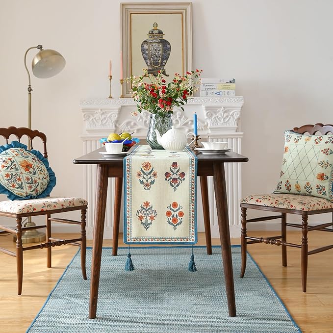 ISAENNE Designer Light Green Linen Table Runner 102 Inches Long,French Floral Patterns Elegant Table Runner for Dining Tables,Thanksgiving,Kitchen Tables,Christmas,12"*102"-Floralsea B