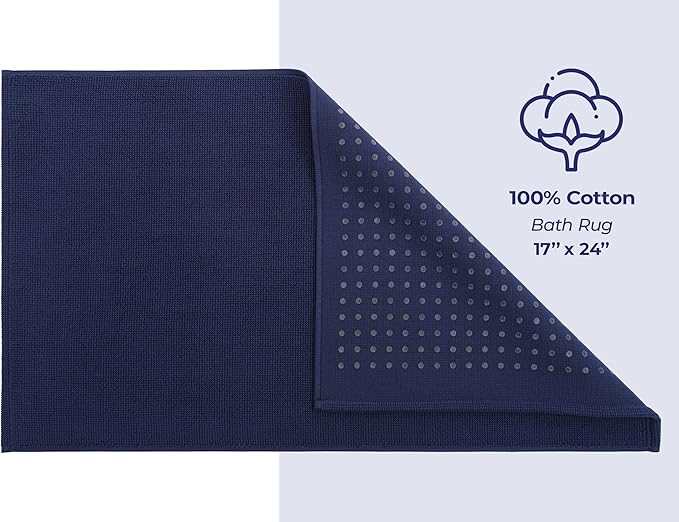 American Soft Linen Bath Rug, 17 in 24 in 100% Cotton Bath Mats Rugs for Bathroom, Slip Reducer Washable Shaggy Form Area Rugs, Navy Blue Bath Rug