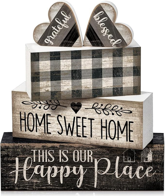 4 Pcs Farmhouse Kitchen Decor Black and White Farmhouse Tiered Tray Decor Home Sweet Home Centerpiece Wooden Heart Rustic Decorative Block Sign for Table Kitchen Shelf Desk Decoration