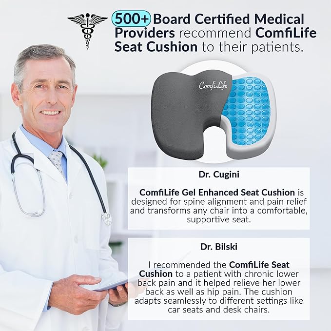 ComfiLife Premium Gel & Memory Foam Seat Cushion – Doctor Recommended Office Chair Cushion, Car Seat Cushion – Chair Cushions for Back & Sciatica Pain Relief – Seat Cushions for Office Desk (Charcoal)