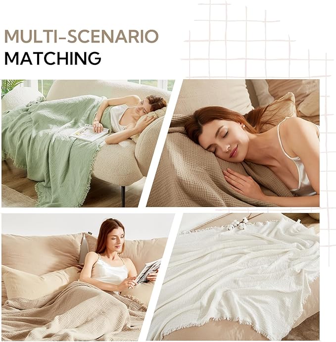 SOULFUL Muslin Throw Blanket with Tassels - Soft Queen Cotton Throw Blanket for Couch or Bed, Lightweight and Breathable Gauze for All Seasons, White, 90" x 90"