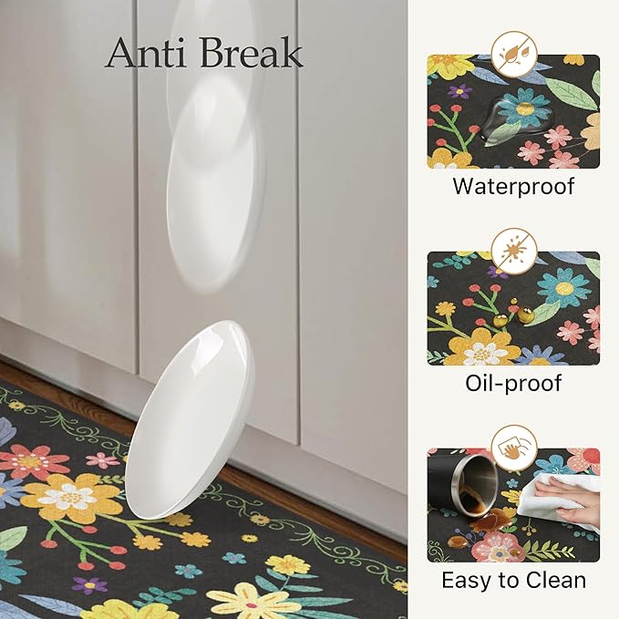 GENIMO Kitchen Mats for Floor 2PCS, Cushioned Kitchen Rugs Non Slip Washable, Farmhouse Anti Fatigue Mat Waterproof, Comfort Standing Mat Rug for Office, Home, Laundry, 17.3"x47"+17.3"x30", Black