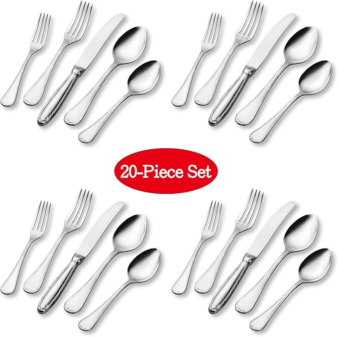 Supreme Housewares 20-Piece 18/8 Stainless Steel Flatware Set, Service for 4, Include Knives Forks Spoons Teaspoons Salad Forks, Mirror Polished, Dishwasher Safe (Shell)