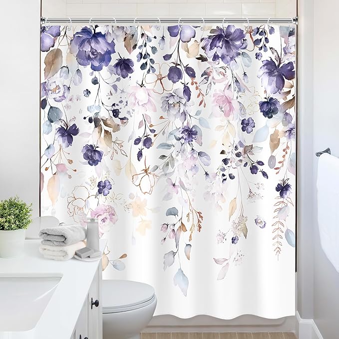 Floral Flower Shower Curtain 72Wx78H Inch Purple Pink Leaf Rustic Girly Boho Watercolor Wildflower Eucalyptus Botanical Plant Bathroom Set Spring Bath Curtain Bathtub Accessories Home Decor