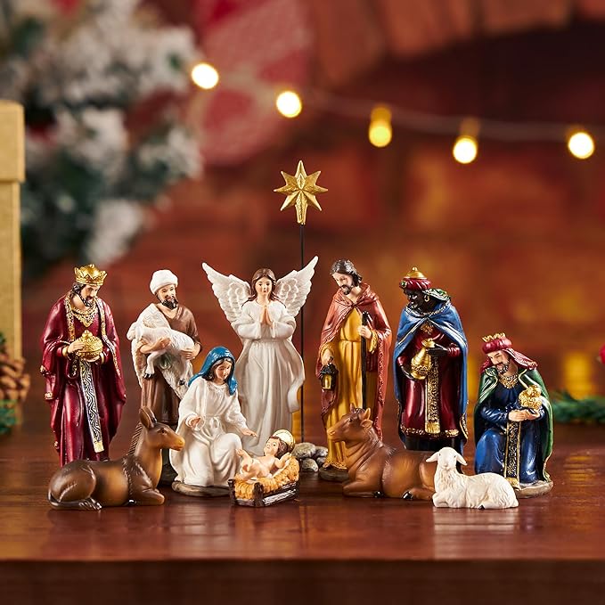 Nativity Sets for Christmas Indoor Set of 13 Pieces 3.9 Inches Tabletop Holidays Home Decor Classic Nativity Scene Resin Figurines Set Religious Decorations Collection Gifts fot All