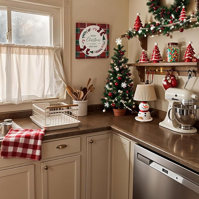 ArtbyHannah Christmas Canvas Wall Art Decor, 3D Textured & Holly Red Berry Wall Decor with Red & Green Plaid Prints for Home Kitchen Dining Party Bathroom Winter Holiday Decorations (12x12 inch)