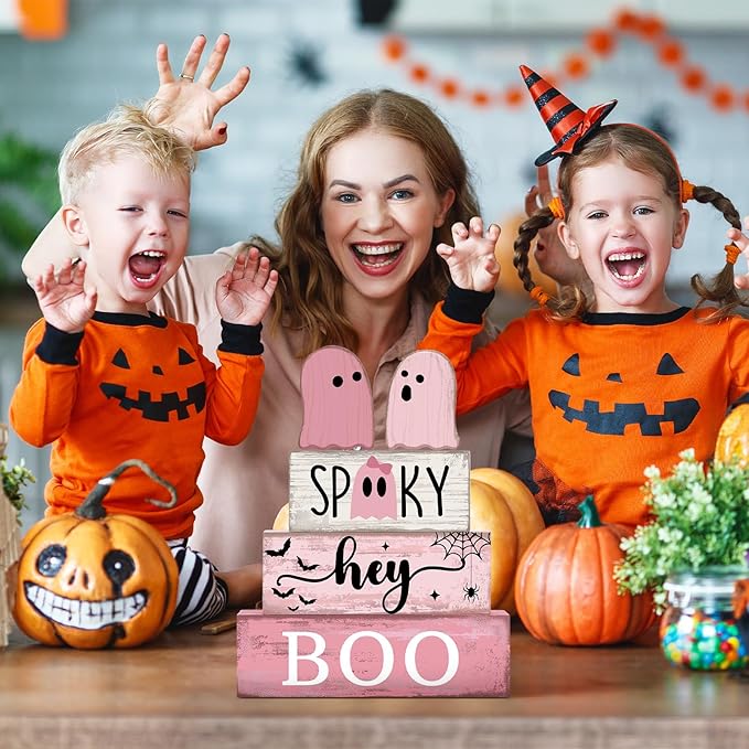 4 Pcs Pink Halloween Decor Ghost Table Decorations Halloween Tiered Tray Decor Farmhouse Ghost Tabletop Centerpiece Rustic Pink Block Sign Gift for Home Kitchen Shelf Office Mantel