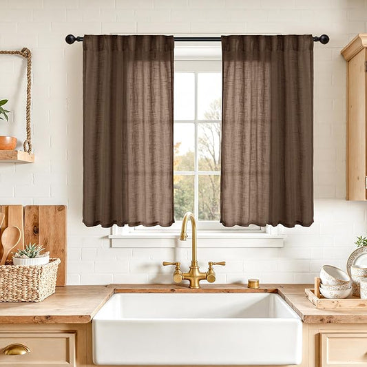 YoungsTex Short Linen Semi Sheer Curtains 40 Inch Length for Kitchen Window - Chocolate Brown Light Filtering Drapes with Rod Pocket Back Tab for Cafe Bathroom Window, 2 Panels, 34 X 40 Inch