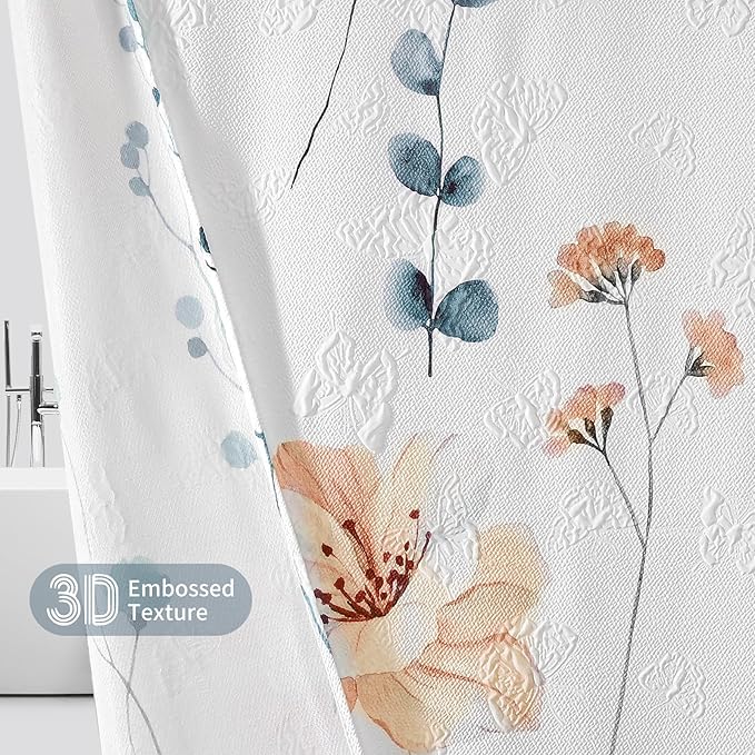 QiyI Watercolor Floral Shower Curtain, 3D Embossed Butterflies Blue Beige Flower Bathroom Curtain, Minimalist White Cloth Bath Curtain, Waterproof Fabric Textured Shower Curtain Set with Hooks, 72x72