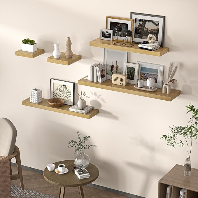 Floating Shelves for Wall, 40" W x 8" D x 1.5" H, Wooden Wall Mounted Display Shelves with Invisible Brackets for Living Room, Bedroom, Bathroom, Kitchen Decor and Storage, Set of 2, Oak