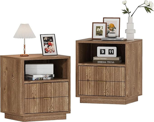 Fluted Nightstands Set of 2 - Walnult Nightstand with 2 Drawers & Open Shelves, 22" Wide Large Bedside Stand Modern Storage Wooden Side Tables for Bedroom (Natural Oak)