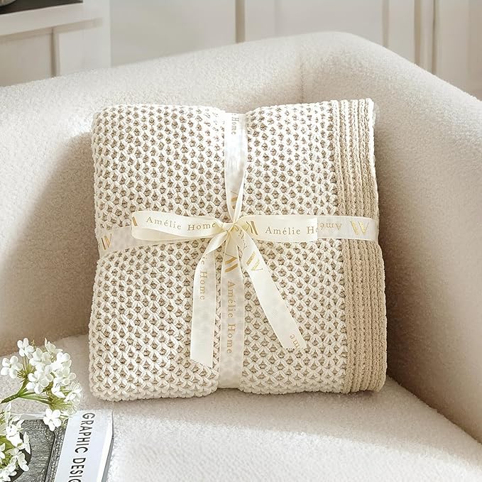 Amélie Home Honeycomb Knit Throw Blanket for Couch, Dual-Sided Soft Chenille Decorative Blankets for Sofa & Chair, 50"x60", Khaki & White