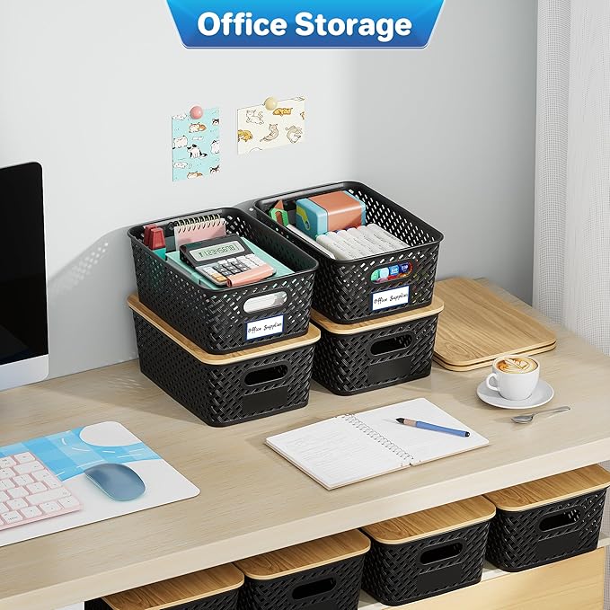 8 Packs Plastic Storage Bins with Bamboo Lids - Stackable Storage Bins Decorative Small Basket Containers for Organizing Shelves Office Classroom Desktop Closet, Black