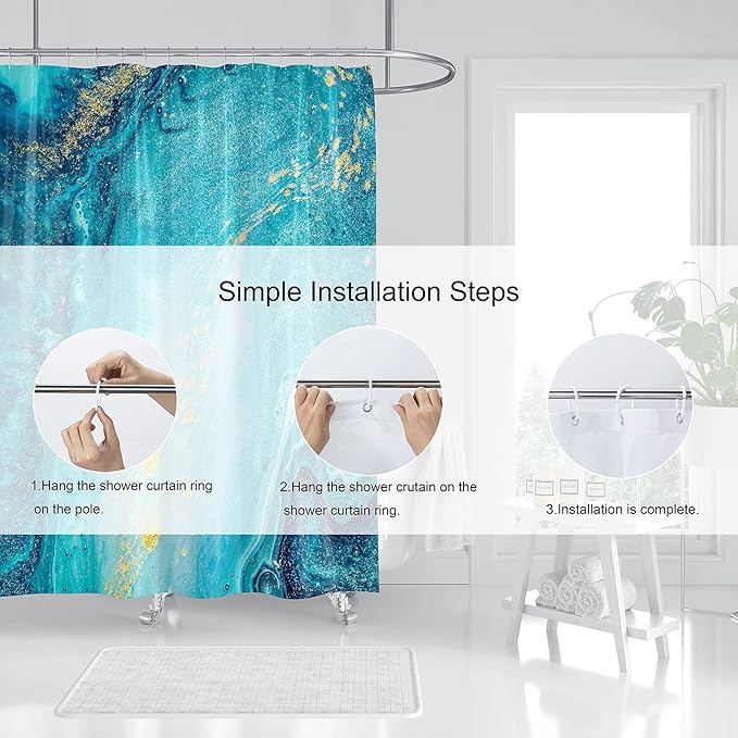 Domoku Blue Gold Marble Shower Curtain - Blue Golden Cracked Lines Abstract Modern for Bathroom Decor, Waterproof Texture Washable Fabric, 72 X 84