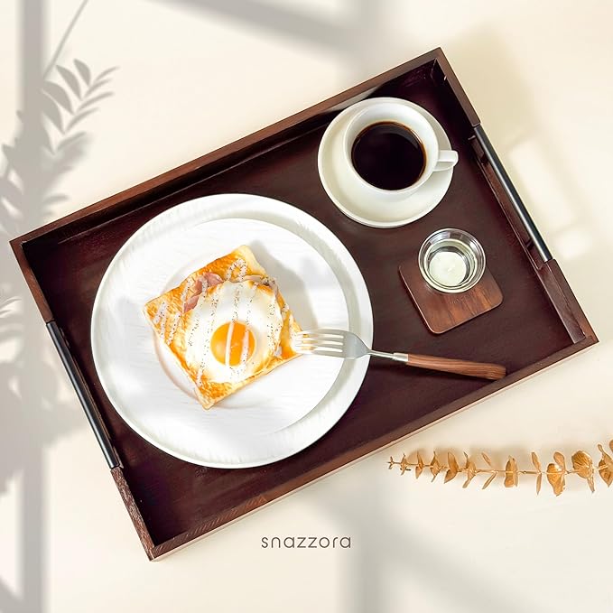 Acacia Wood Serving Tray - Set of 3 with Black Steel Handles 18", 16" & 14" with 6 Coasters - for Coffee Table, Ottoman in Living Room, Breakfast in Bed, Jewelry, Decorative (Vintage Finish)