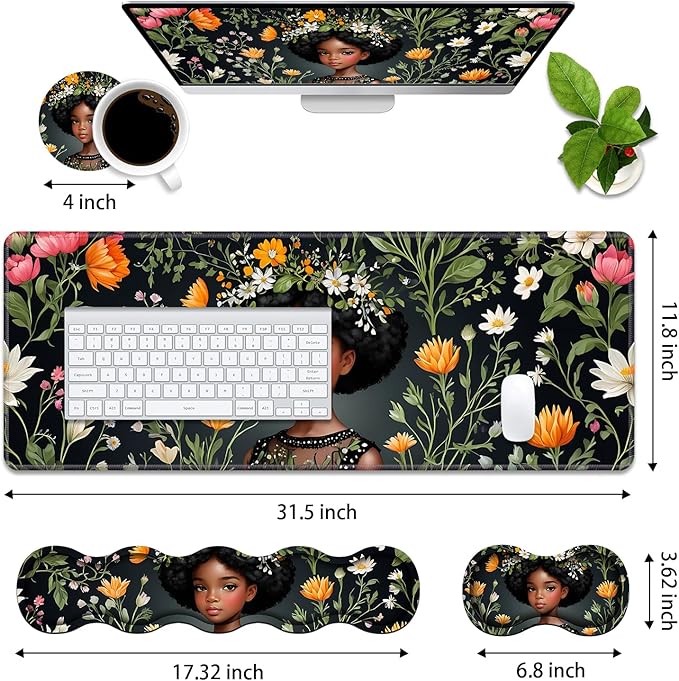 4 in 1 Ergonomic Memory Foam Mouse Pad Wrist Rest Set, Large XXL Gaming Desk Pad + Keyboard Wrist Rest + Mouse Wrist Cushion + Coaster for Home Office Study Gaming, African American Black Girl