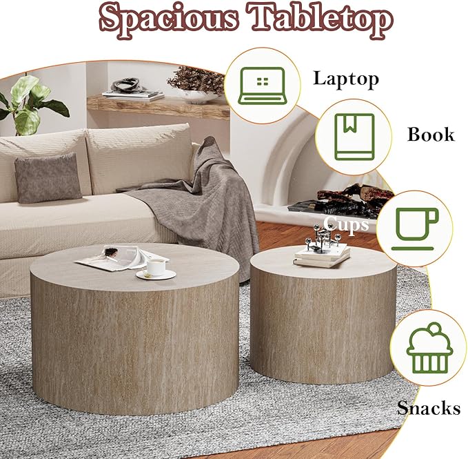Round Travertine Coffee Table Set of 2 Modern Stripe Circle Nesting Side Tables No Assembly for Living Room Balcony Yard (E-26.77+19.7in)