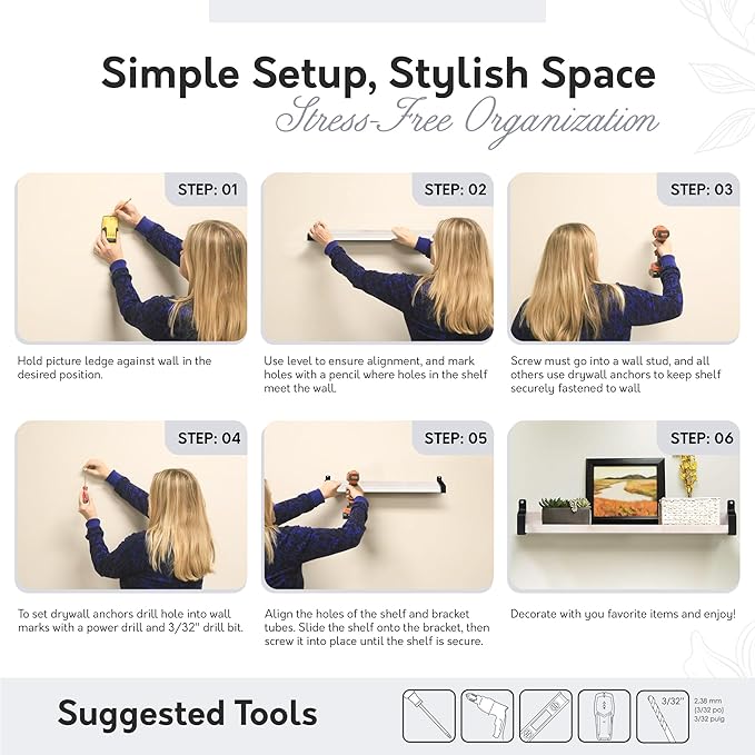 InPlace Wall Mounted Floating Shelf, Real Wood Industrial Bracket Ledge, 5" D x 24" W x 3" H, Distressed White, Heavy-Duty for Living Room, Bathroom, Kitchen, Office 9602114E